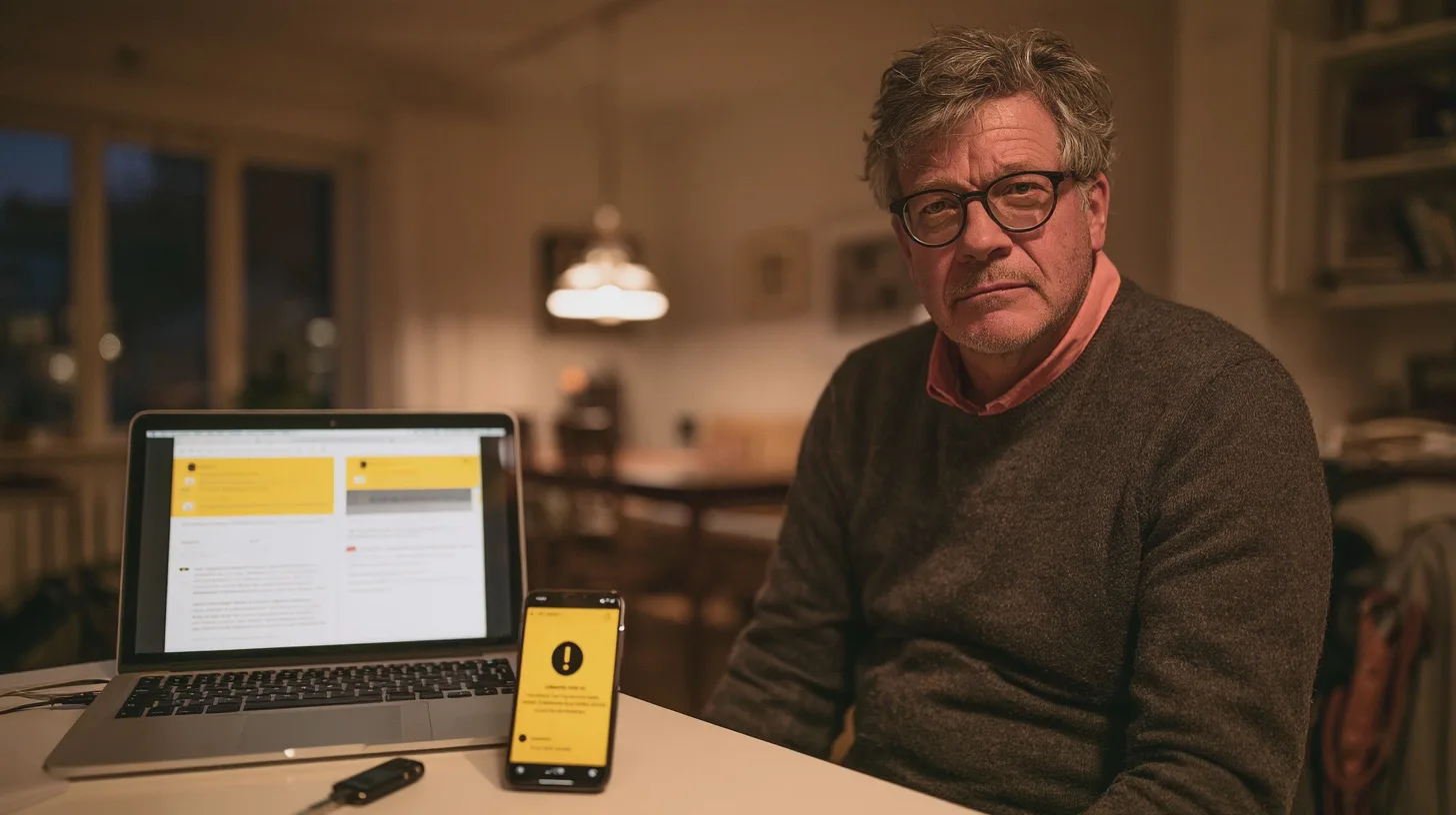 Middle-aged man frowning at a banking app on his smartphone at kitchen table