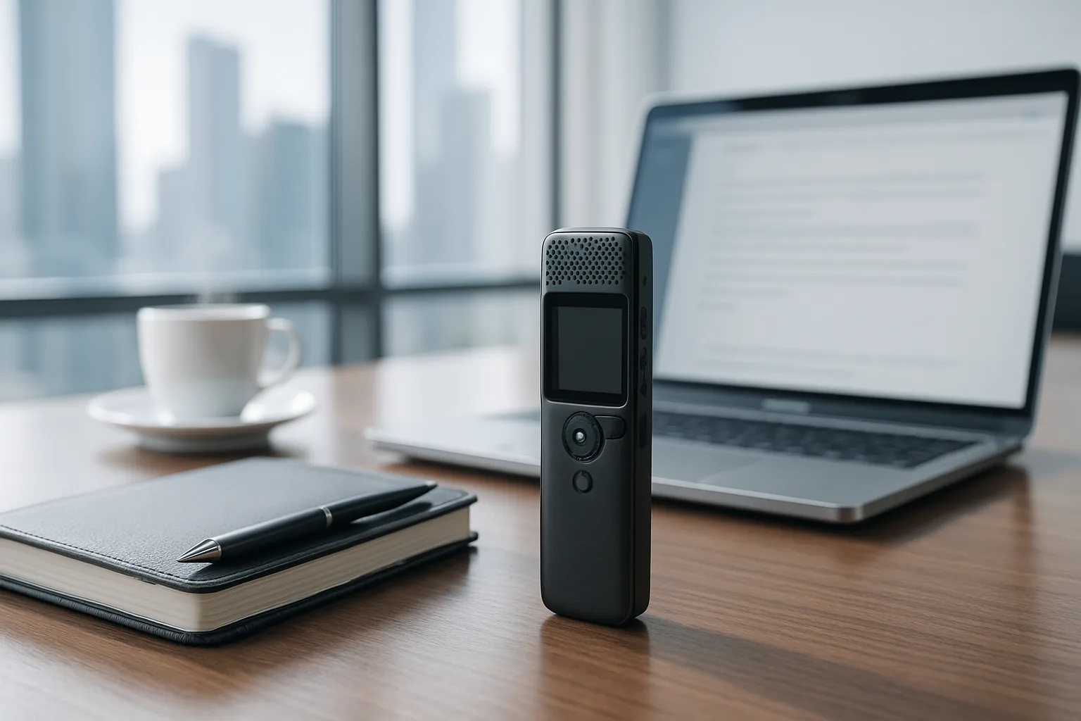 Small clip-on voice recorder attached to a man's shirt during a meeting