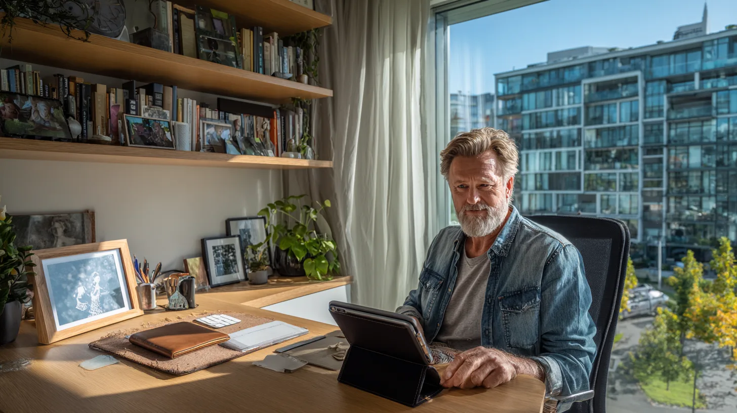 Man checking an official pension page beside a notebook