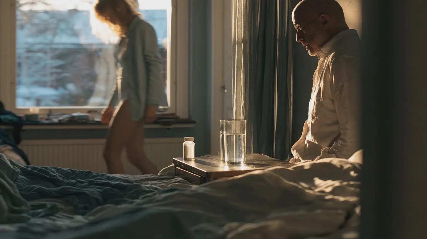 Middle-aged man sitting on the edge of a bed, looking thoughtful, in morning light