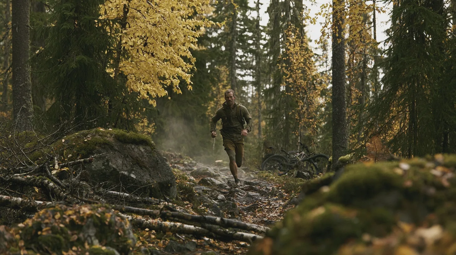 Middle-aged man hiking up a hillside path through golden autumn bracken
