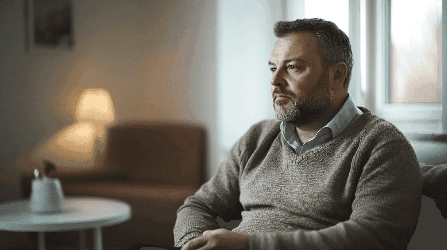 Middle-aged man sitting by a window in quiet reflection
