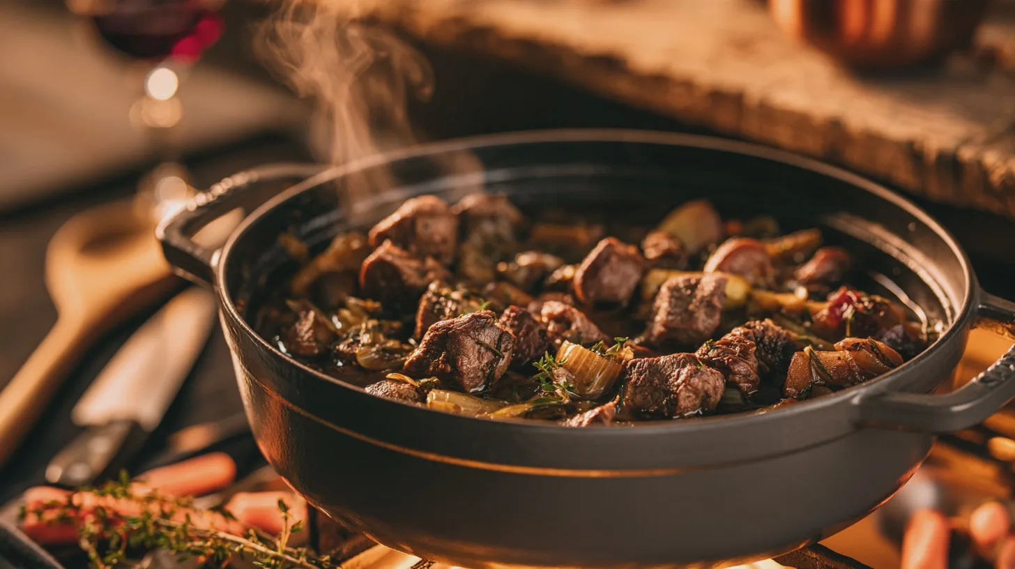 Beef shin stew in a casserole dish with carrots and thyme