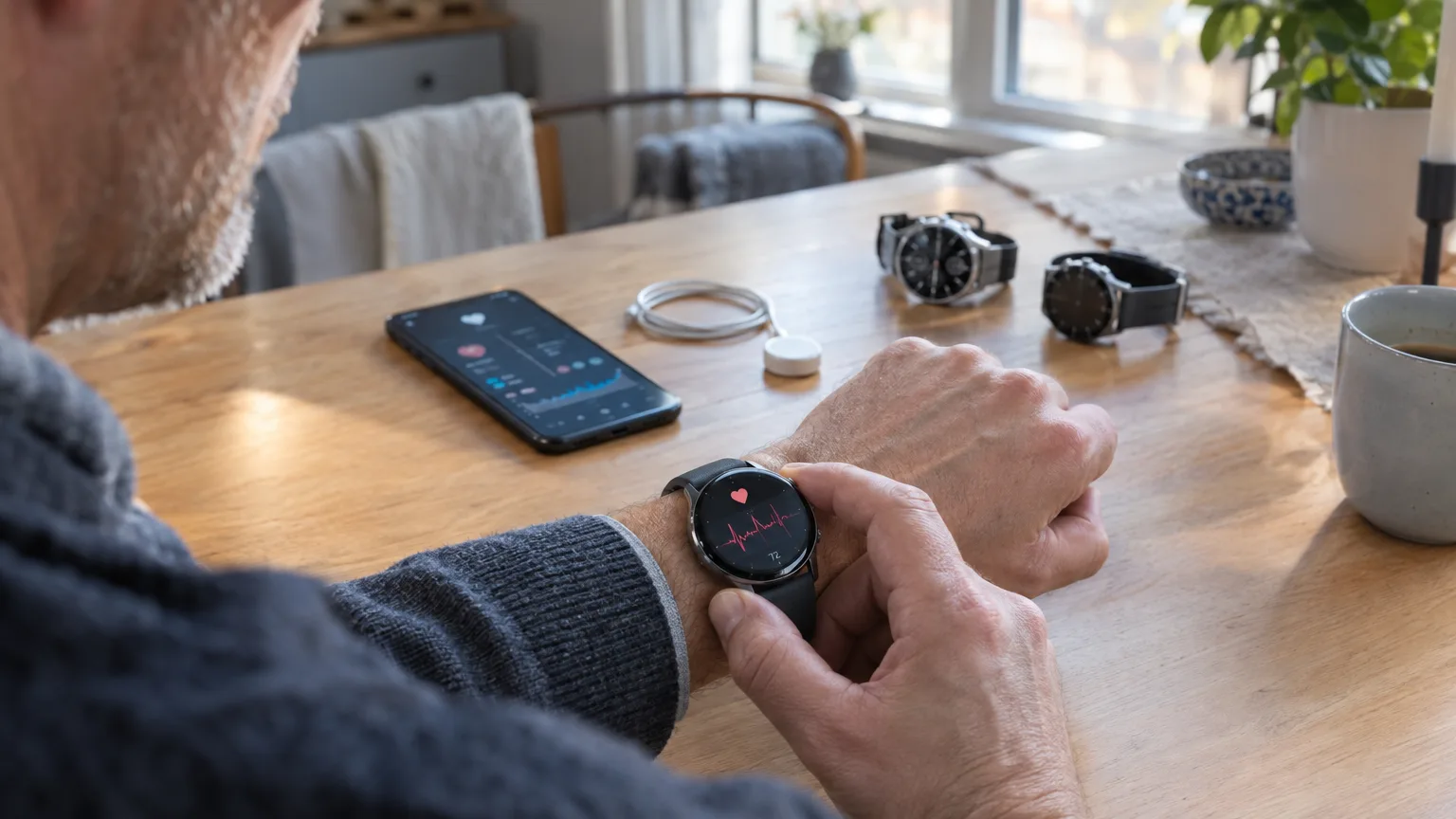 Several budget smartwatches laid side by side on a wooden table