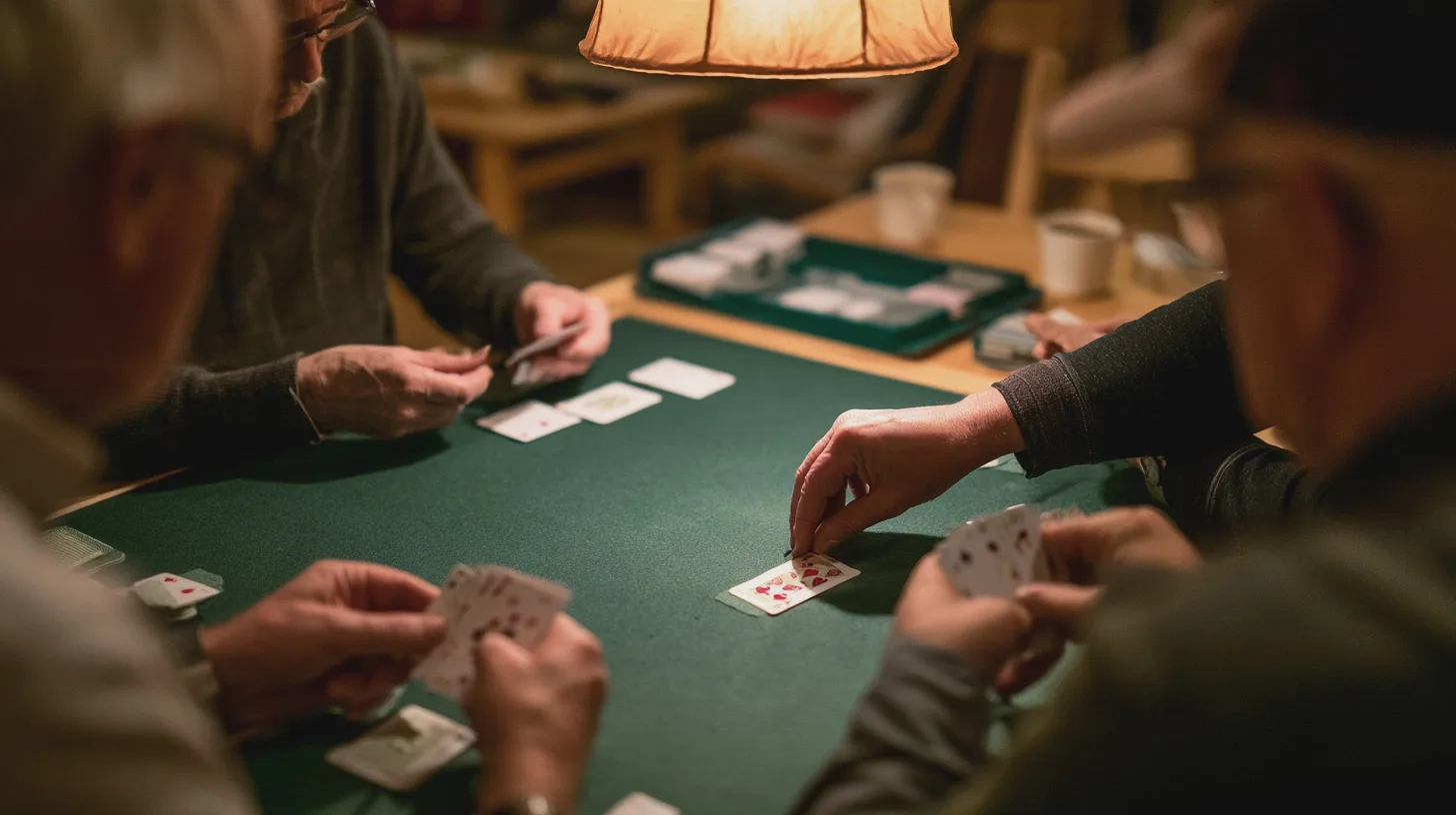 Beginner bridge partners discussing a hand after play