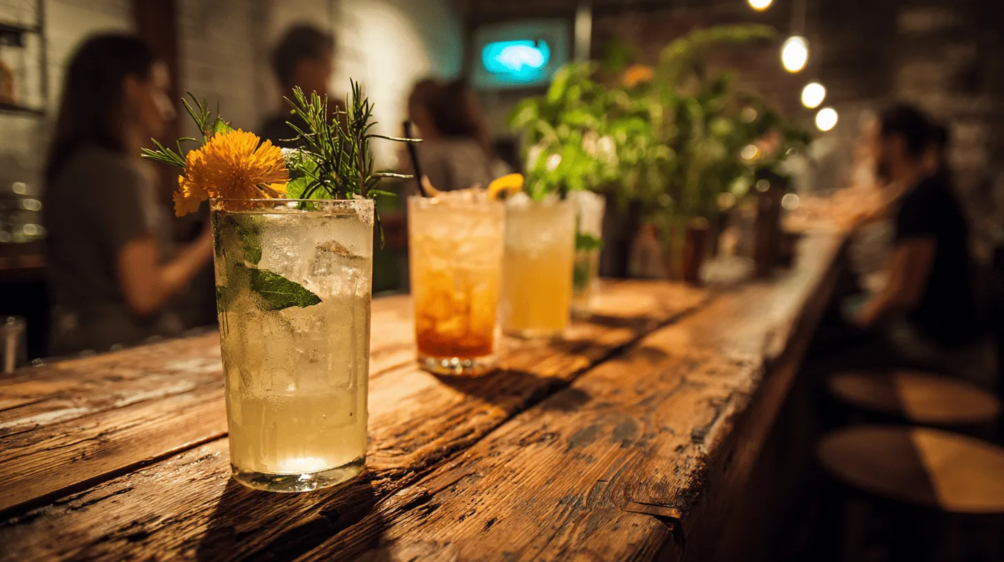 Clear gin bottles lined up behind a British bar