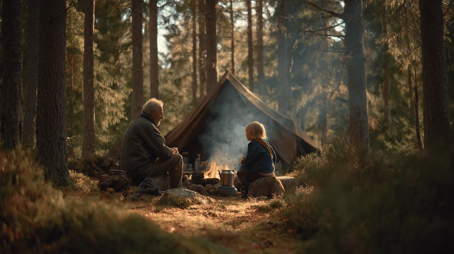 Child holding a torch outside a family tent at dusk