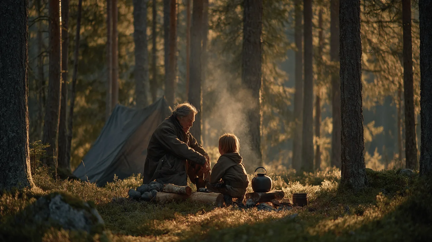 Grandfather and grandchild eating breakfast beside their tent