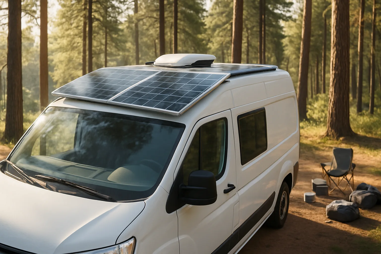 Folding solar panel beside a caravan on a sunny pitch