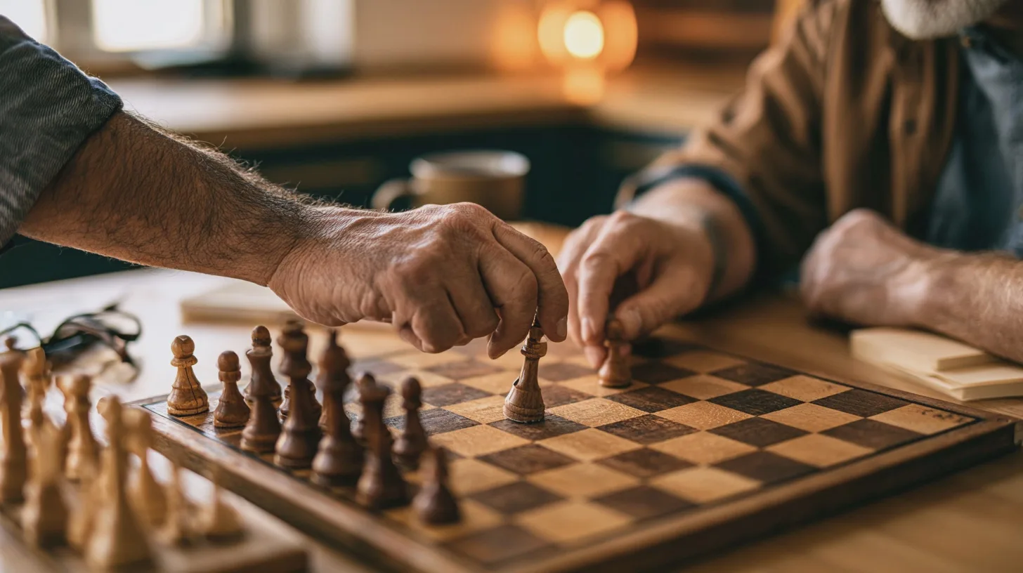 Close-up of a hand moving a knight on a wooden chessboard