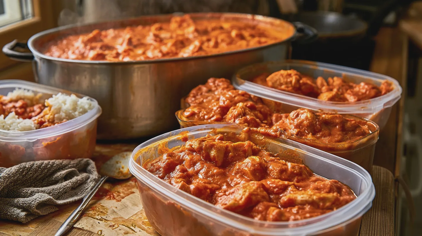 Bowl of creamy chicken tikka masala with charred chicken, coriander, rice and naan