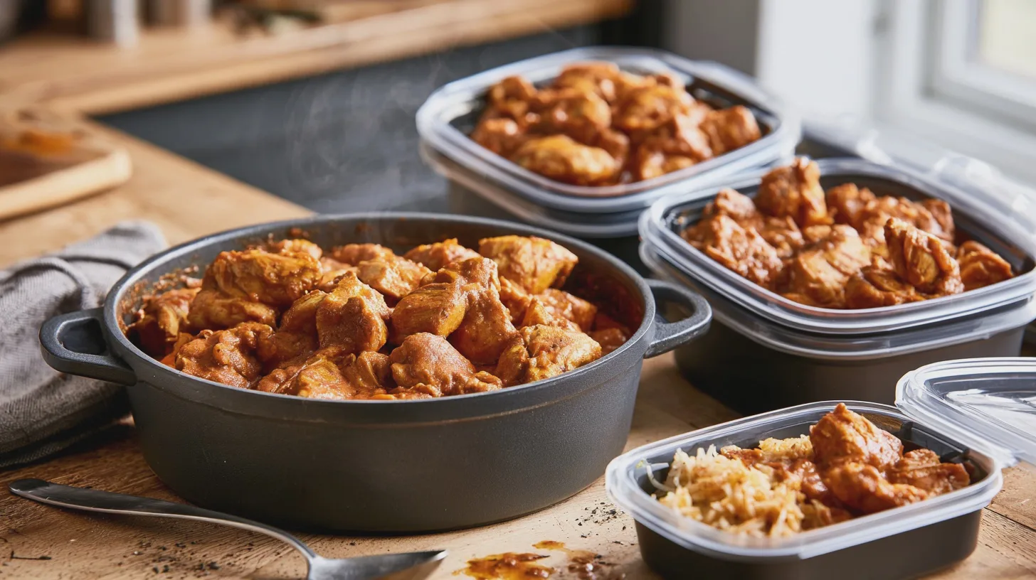 Labelled tubs of homemade curry stacked in a freezer for weekday lunches