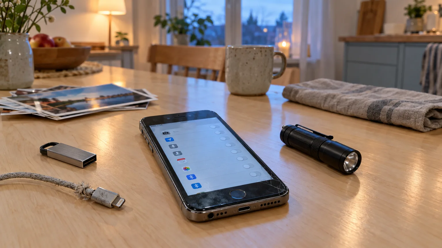 Person reviewing apps on a smartphone at a kitchen table