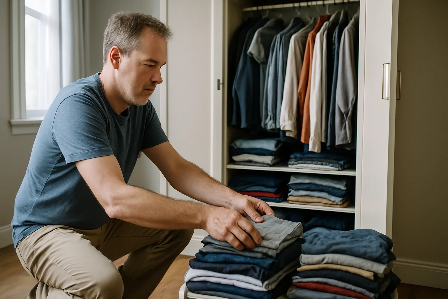 Folded clothes sorted into keep and donate piles