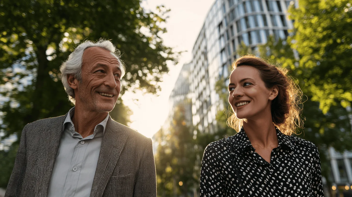 Older man and woman walking a dog along a British suburban street