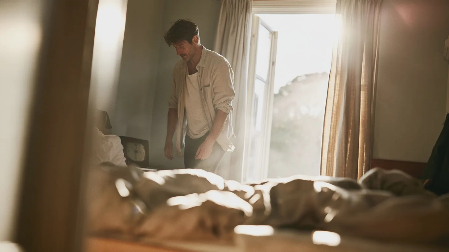 Middle-aged man stretching beside a sunny window first thing in the morning