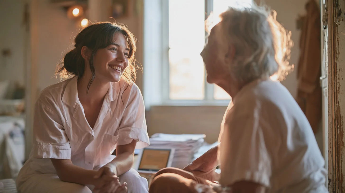 Social worker chatting with an elderly resident at his kitchen table