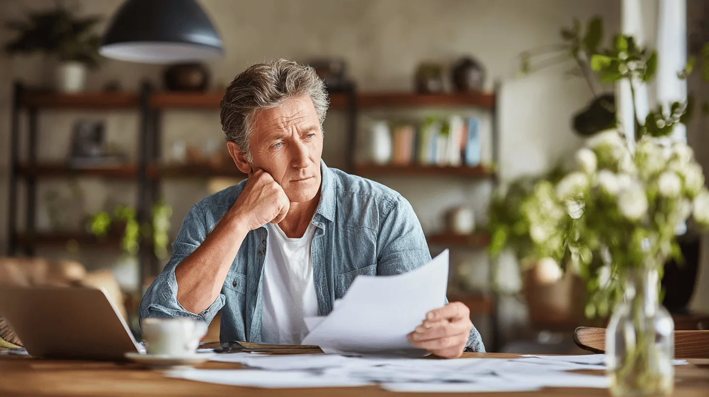 Man reviewing insurance renewal paperwork at his kitchen table