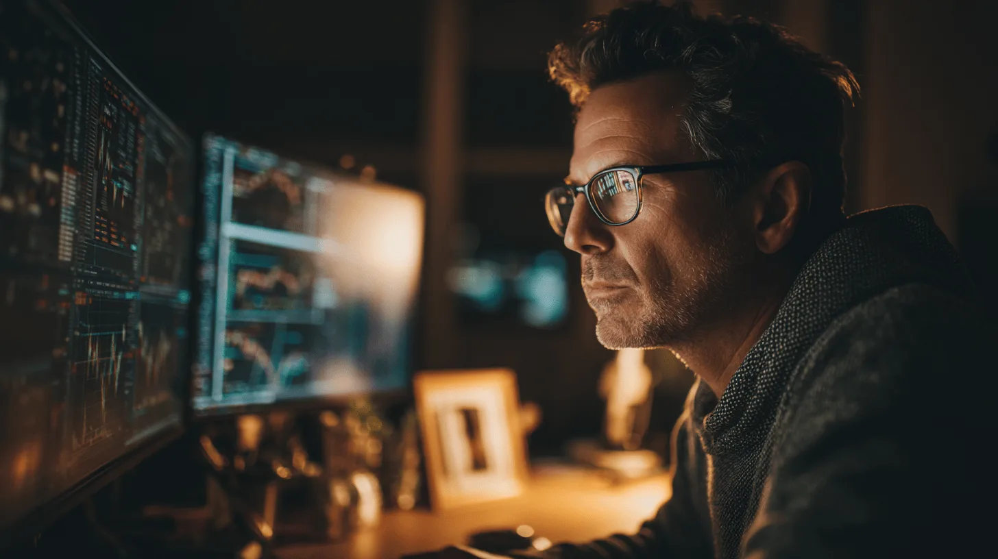 Man reviewing trading charts at home beside a household budget