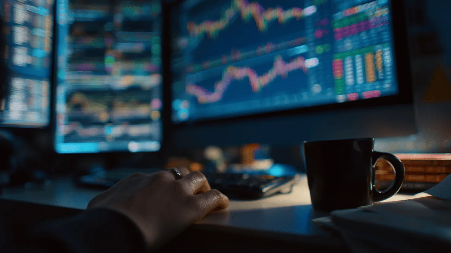 Middle-aged man studies a trading video on his phone at home