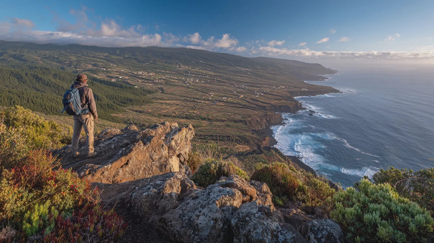 Steep green cliffs of El Golfo valley on El Hierro dropping to the Atlantic