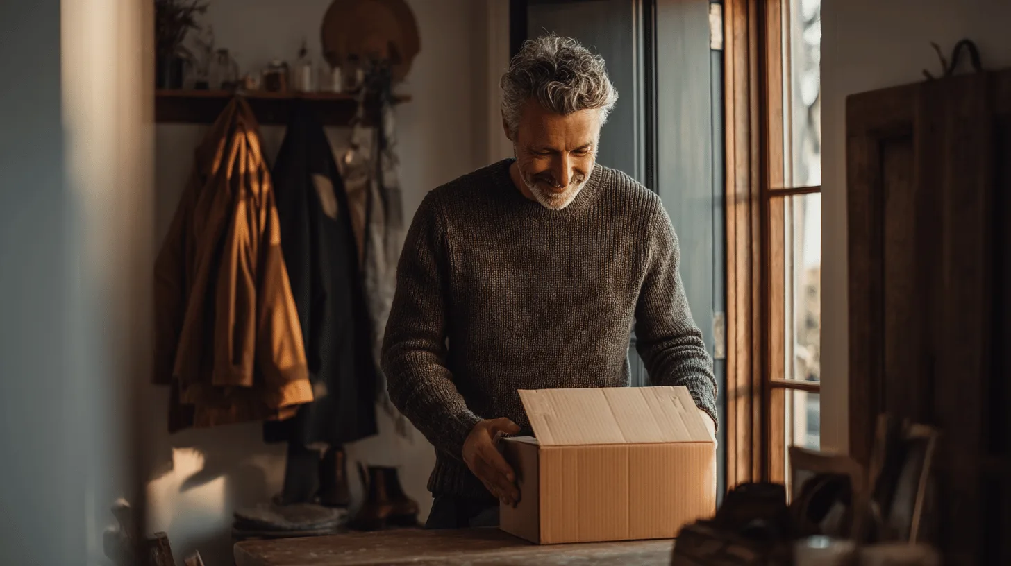 Man looking at several unopened parcels on his kitchen table