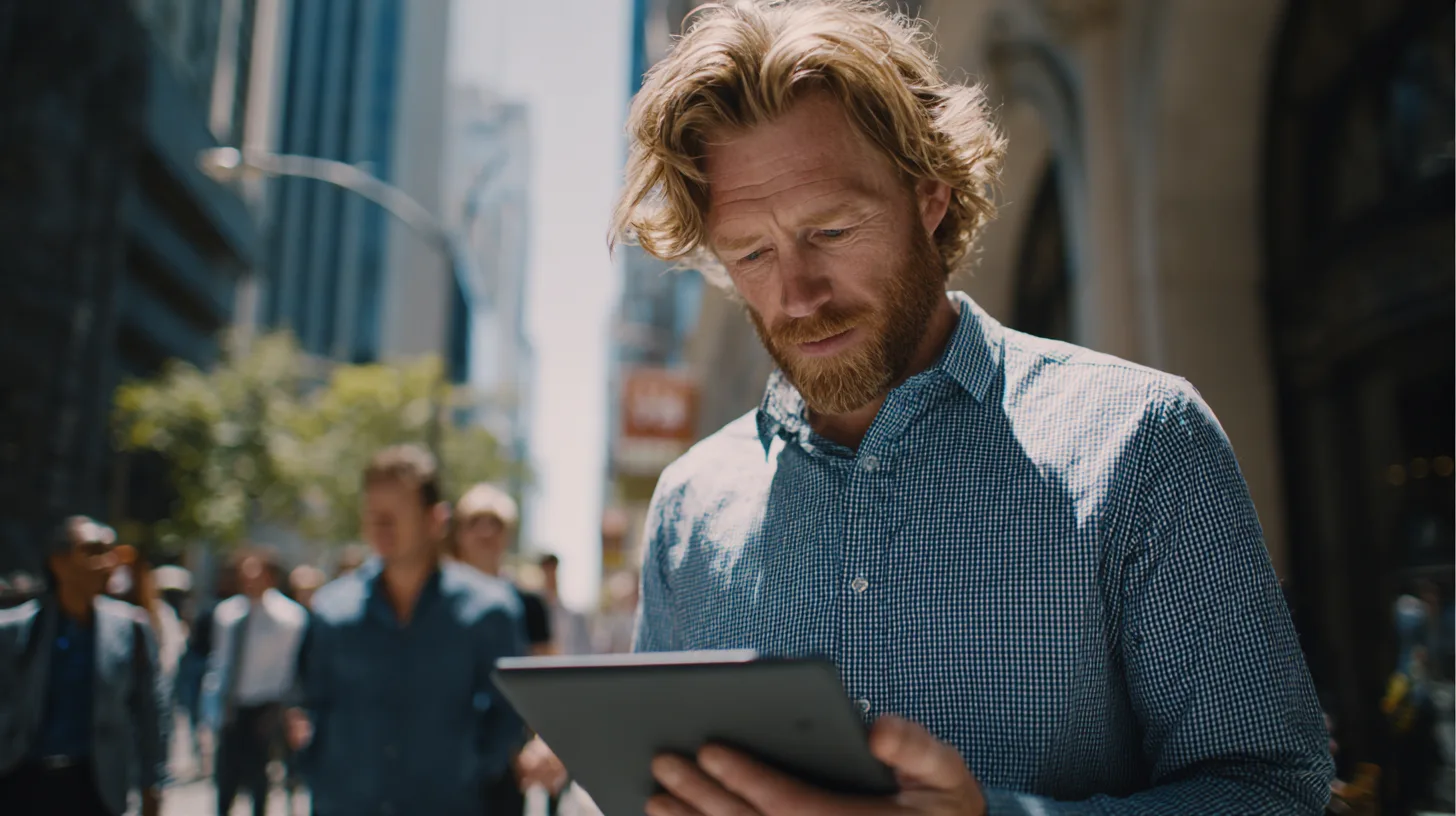 Friends chatting at a garden barbecue while one checks a trading app