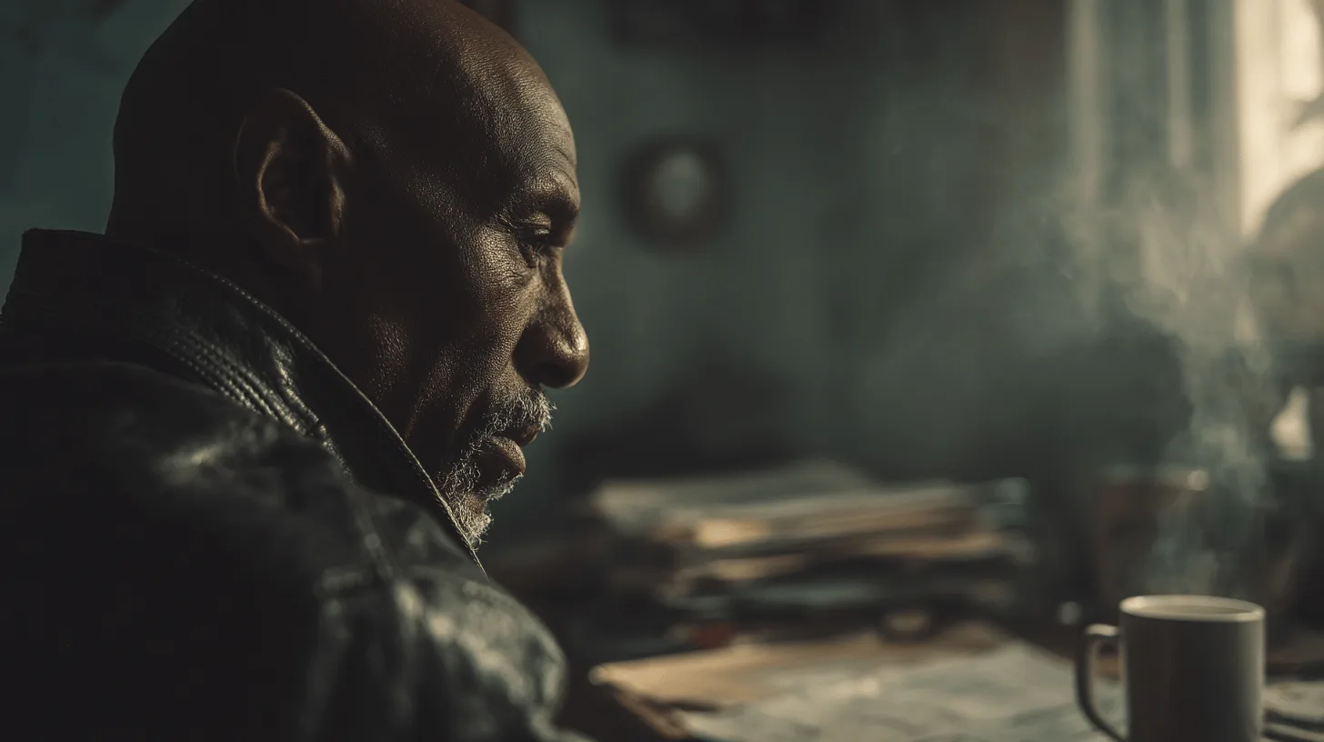 Middle-aged man sitting alone at a kitchen table late at night, looking tired