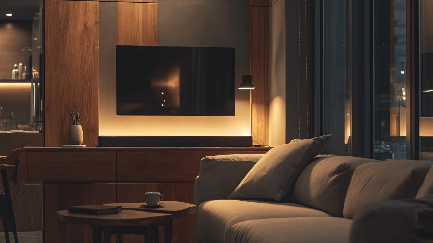Slim black soundbar beneath a large wall-mounted television in a cosy living room