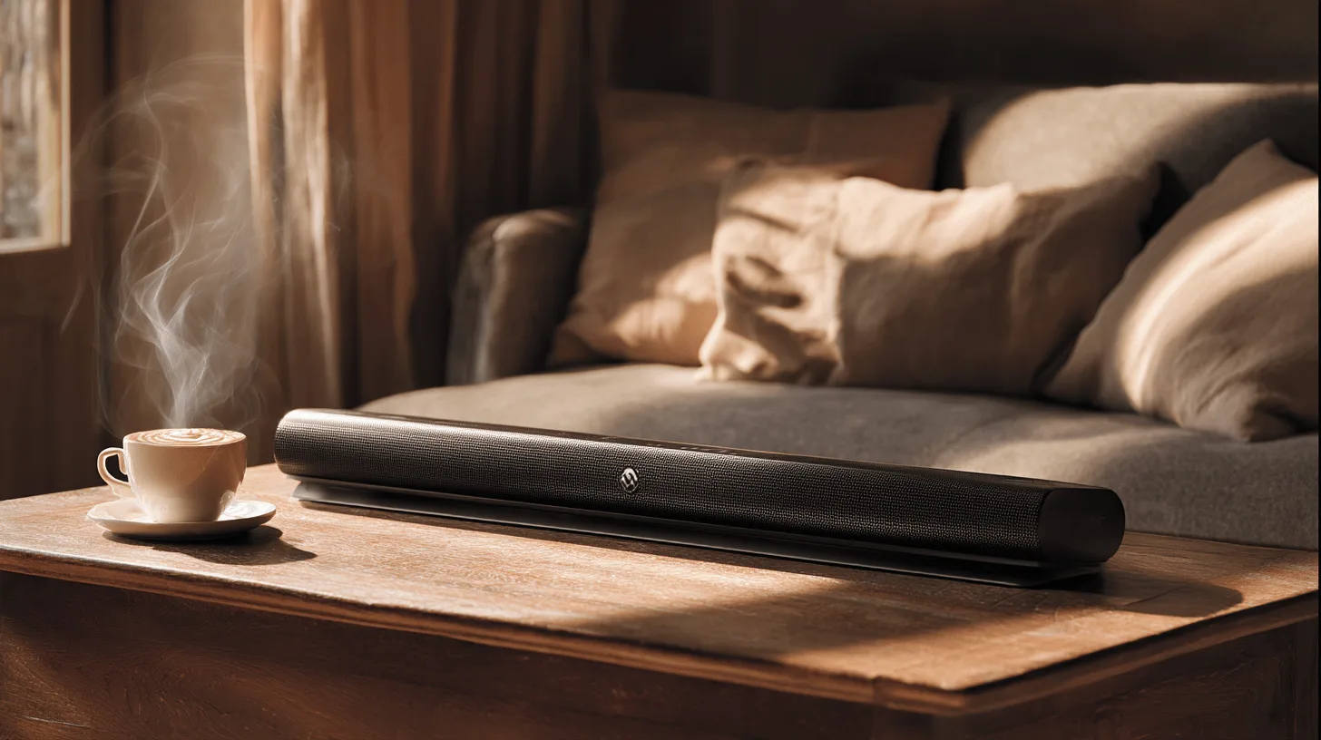 Man adjusting soundbar settings with a TV remote in the evening