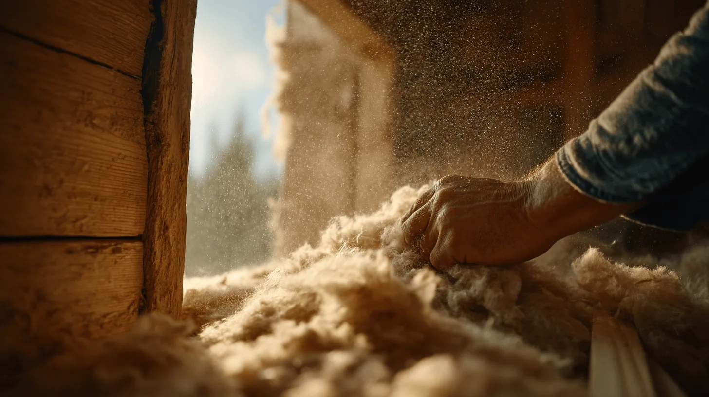 Man in protective mask laying yellow mineral wool insulation rolls between loft joists