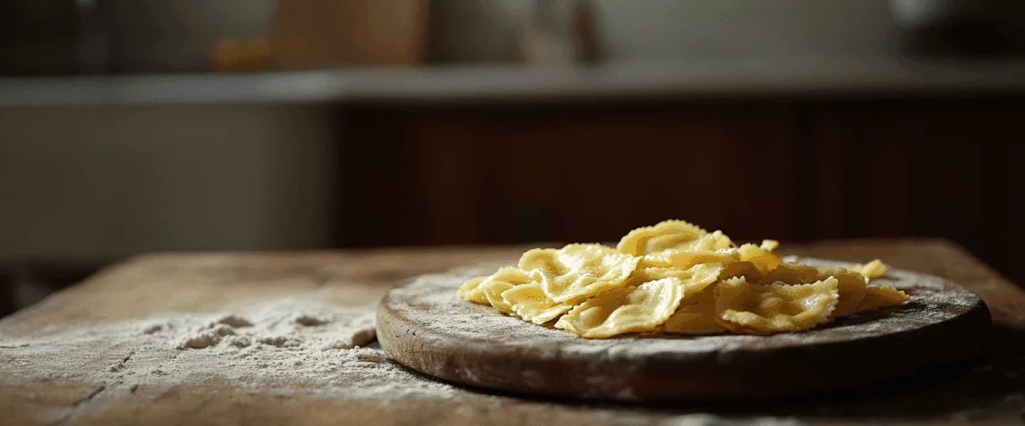 Hands cranking a thin sheet of fresh pasta dough through a pasta machine