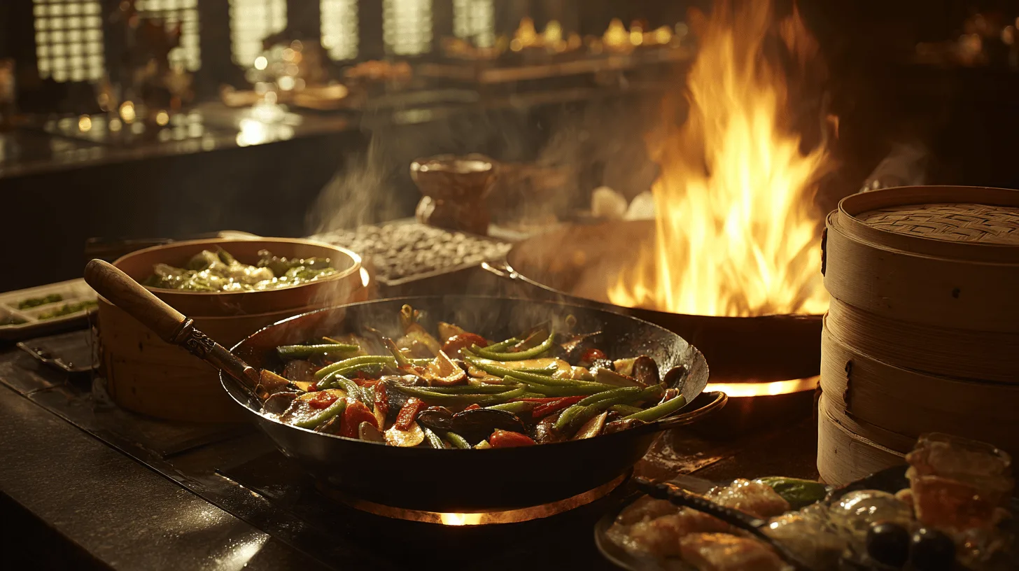 Prepared stir-fry ingredients in small bowls lined up beside a hob