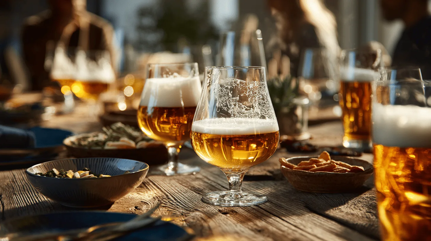 Friends tasting real ale around a kitchen table with cheese and crackers