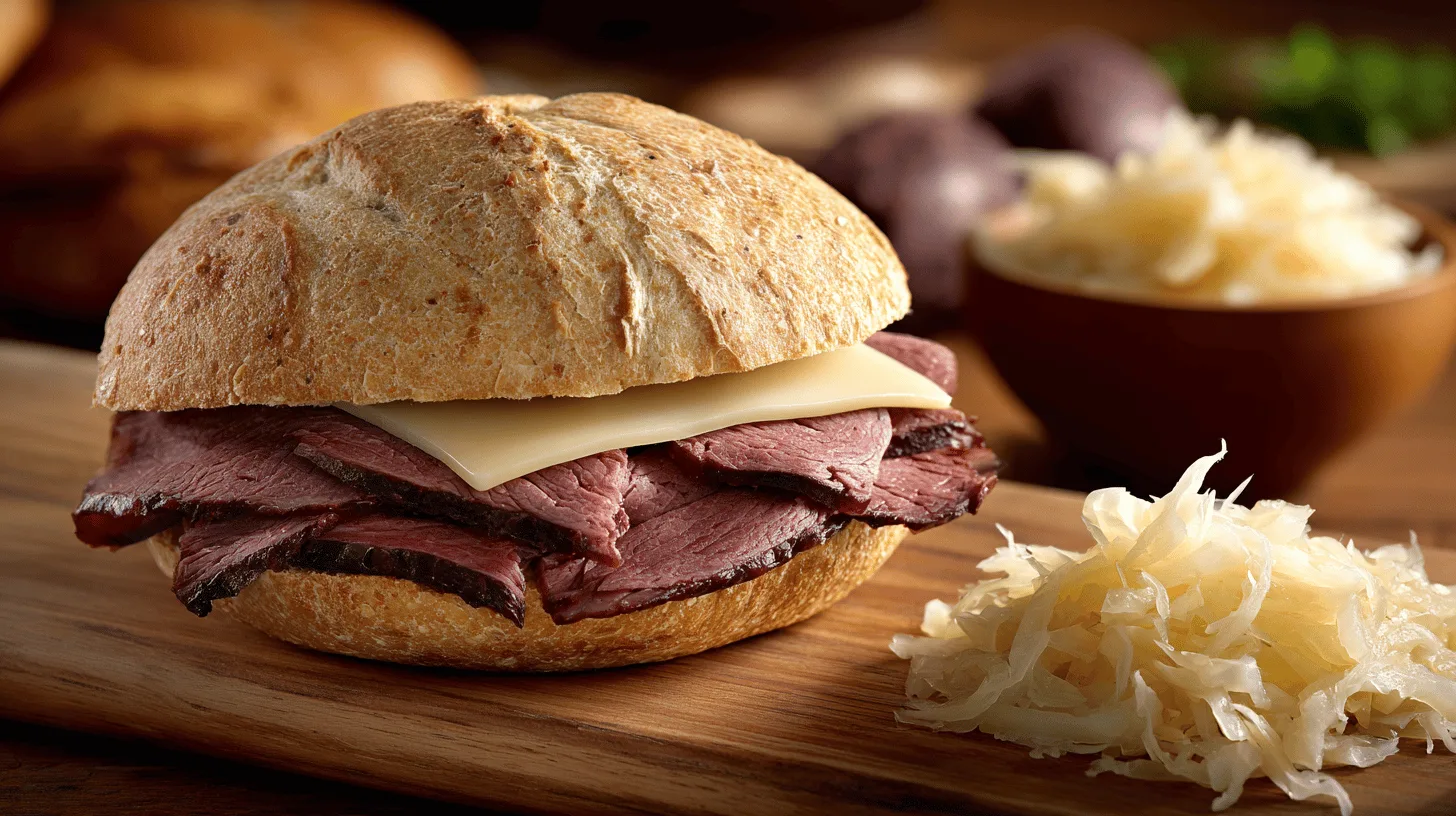 Reuben sandwich frying in a cast-iron pan next to a glass of lager