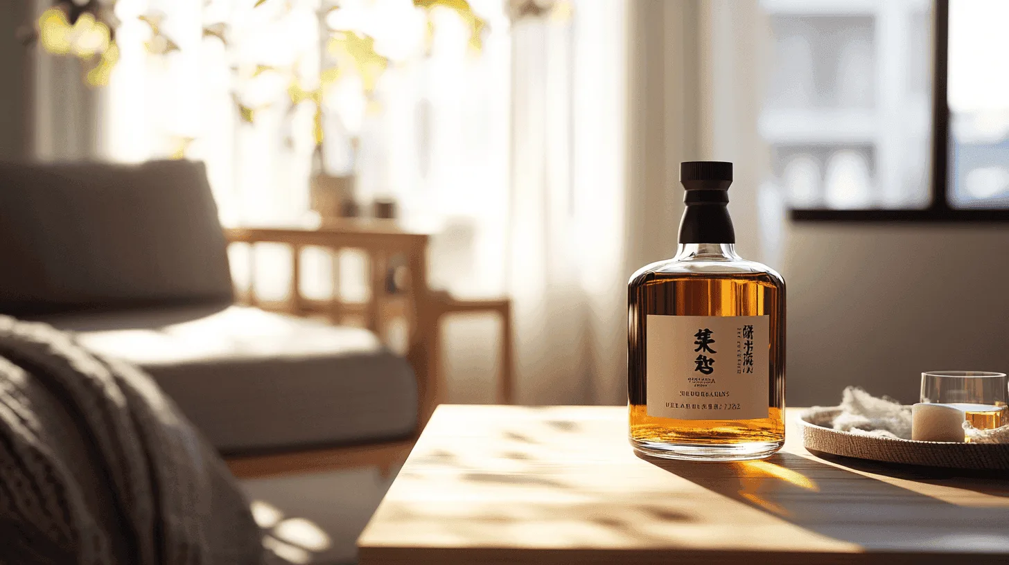 Bottles of Yamazaki, Hakushu and Hibiki Japanese whisky on a wooden bar