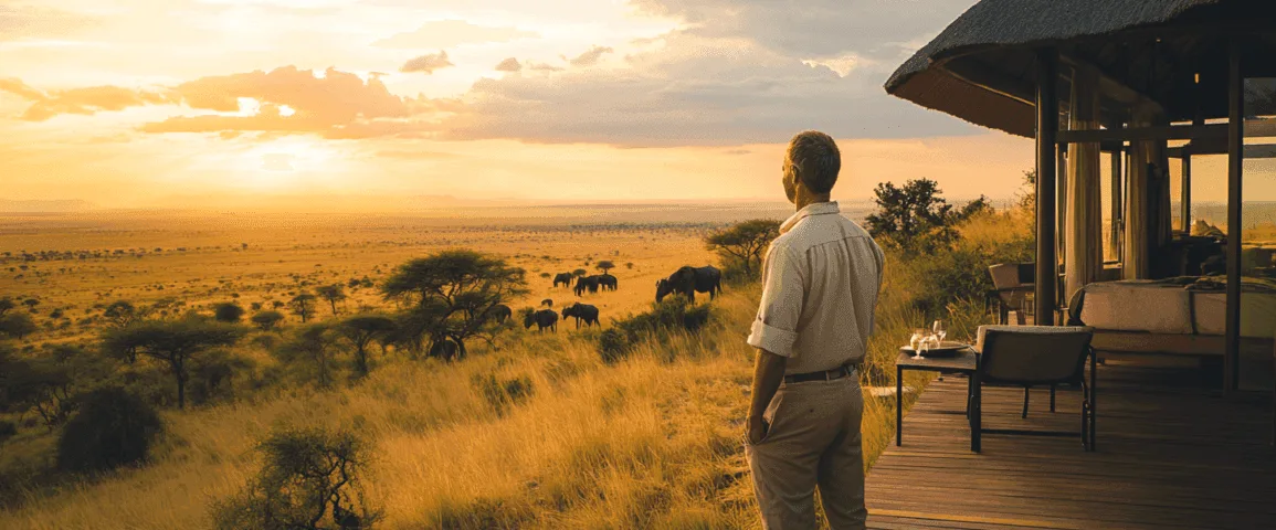 Black rhino grazing among acacia scrub with Mount Kenya on the horizon in Laikipia