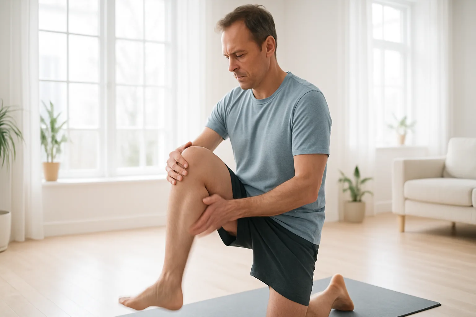 Man in his fifties doing a sit-to-stand exercise from a dining chair at home