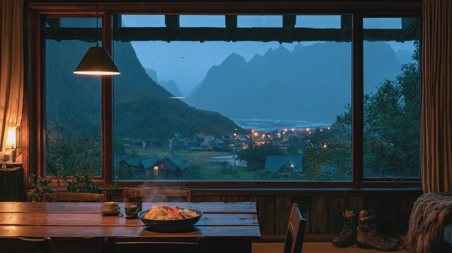 Cod drying on wooden racks beneath steep mountains in a Lofoten fishing village