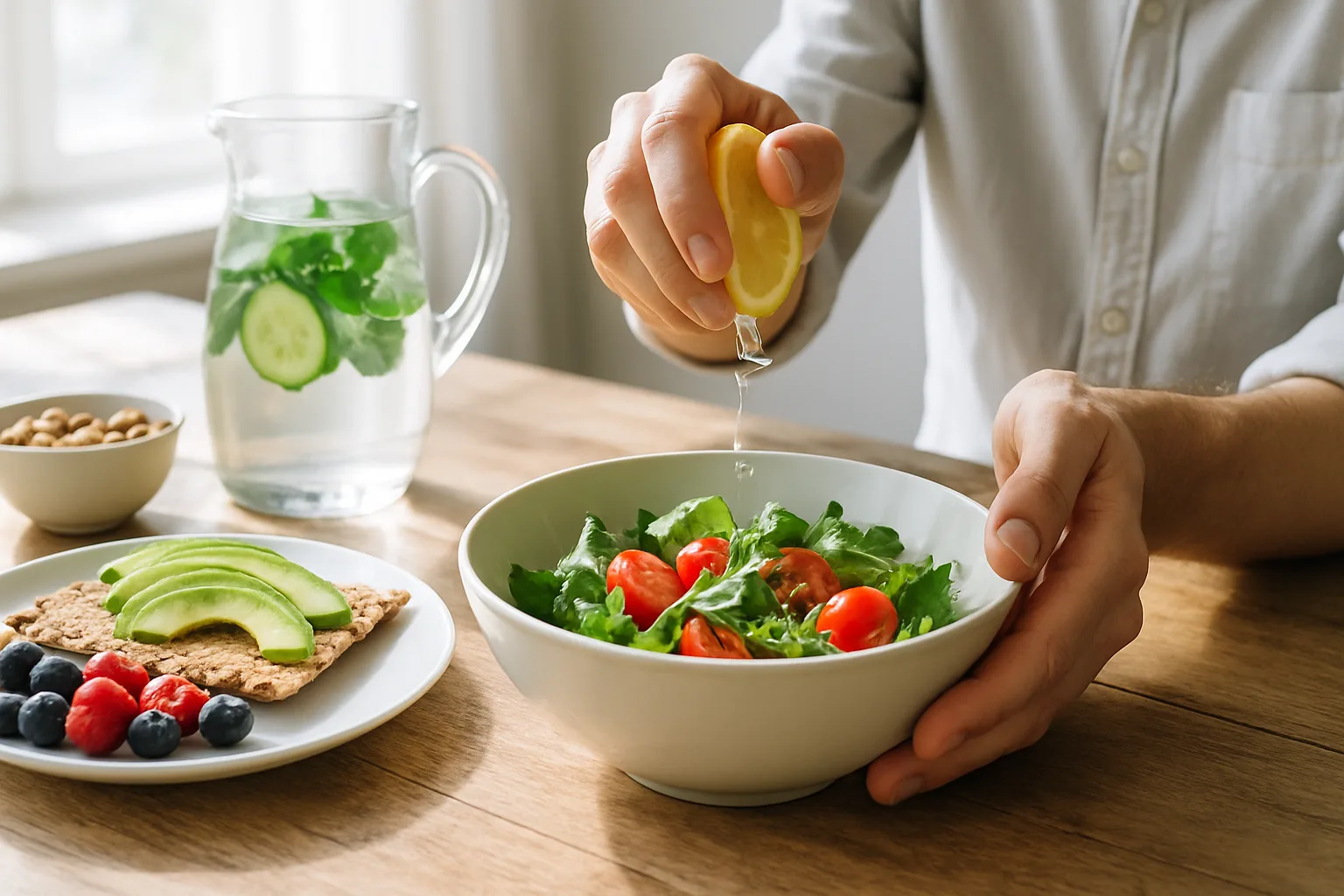 Olive oil, oats, beans and vegetables on a kitchen worktop