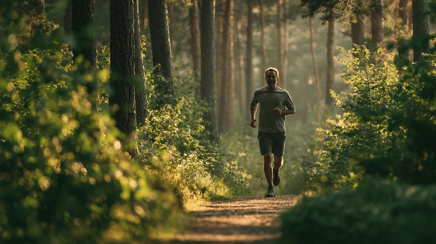 Middle-aged man walking with a friend along a tree-lined path