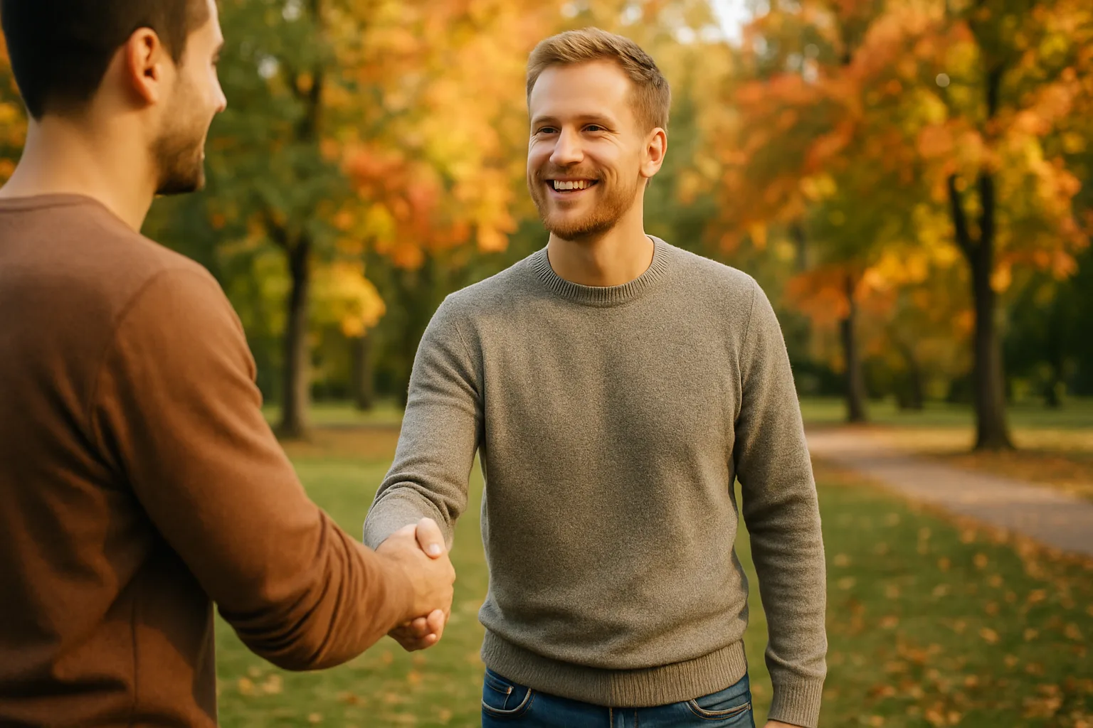 Two men in their fifties chatting on a countryside walking group ramble