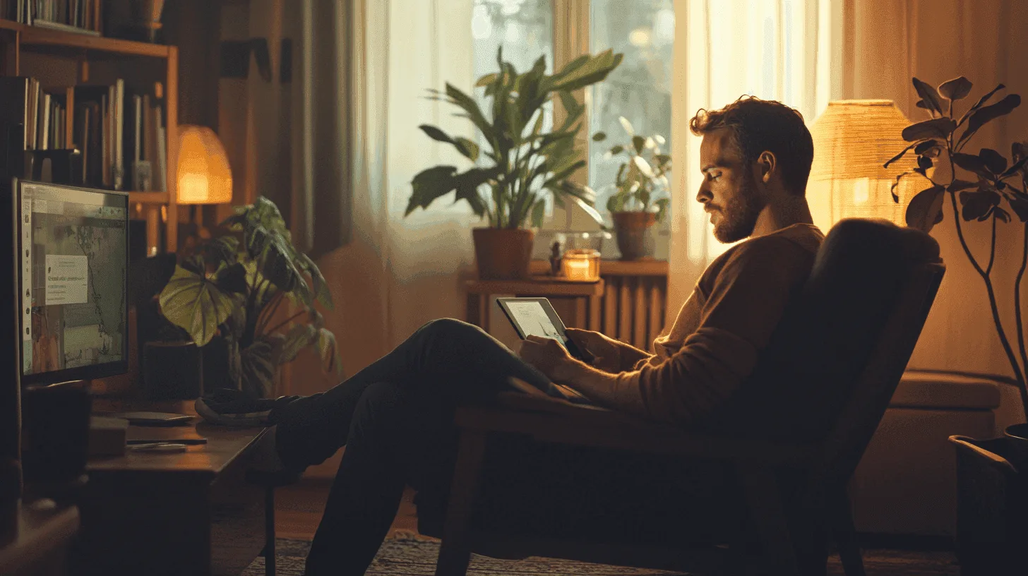 Man writing a short list beside his morning tea