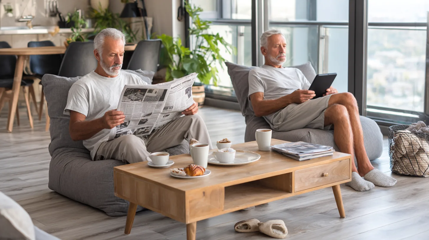 Middle-aged couple sitting at opposite ends of a sofa looking at separate phones
