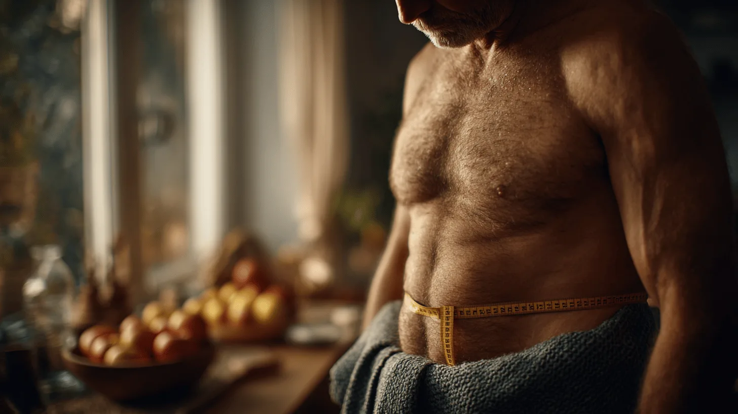 Man measuring his waist with a tape measure at home