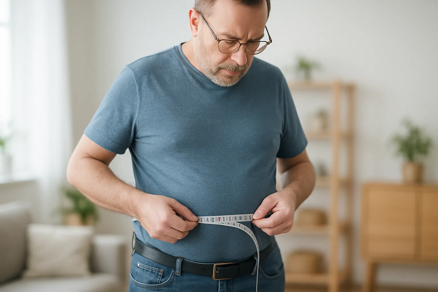 Tape measure held halfway between a man's ribs and hips