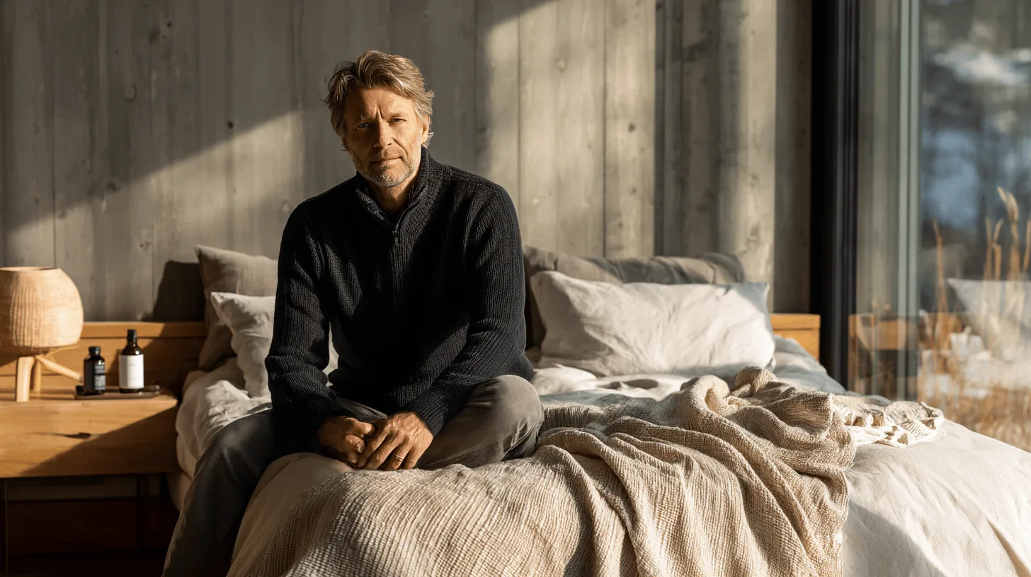 Man reading a book beside a dim bedside lamp