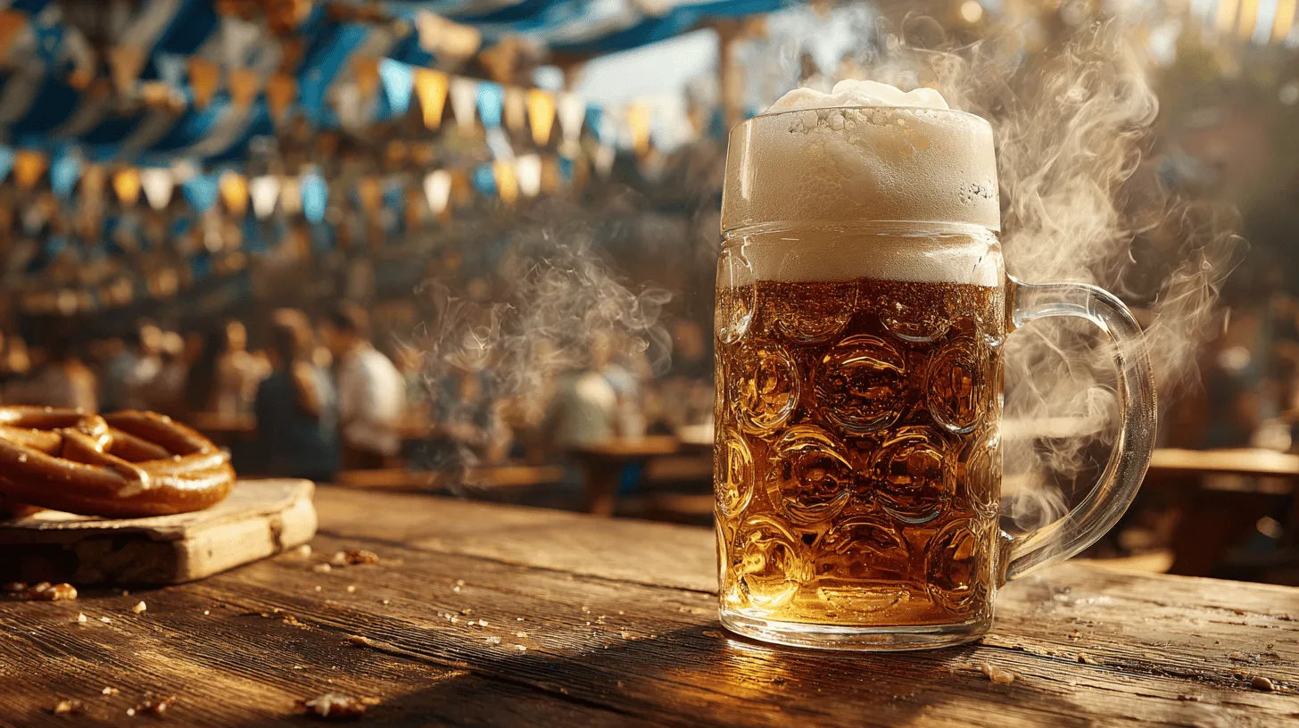 Crowded Munich beer tent at Oktoberfest with long tables and a brass band