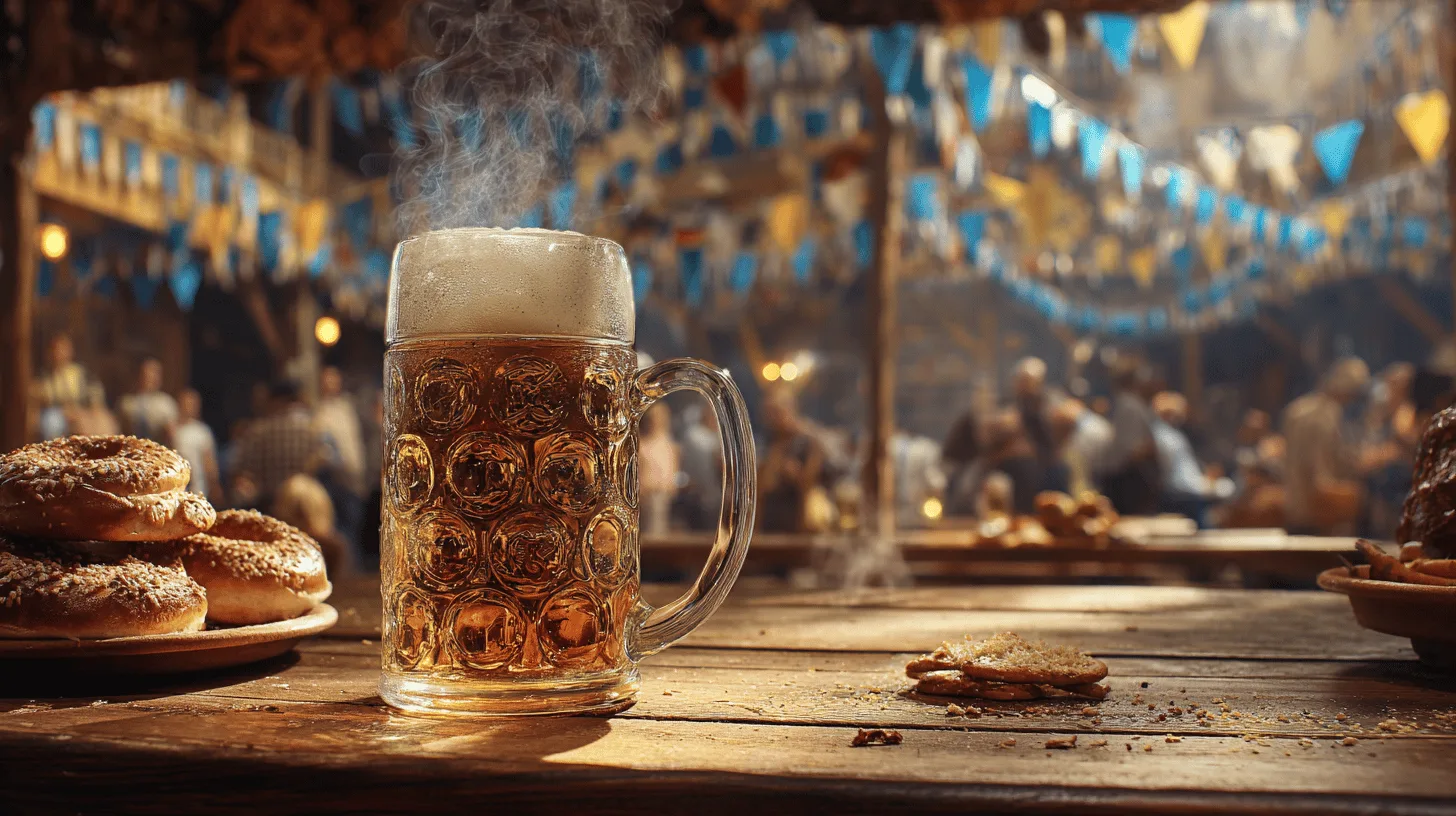 Waitress carrying several one-litre beer mugs through an Oktoberfest tent