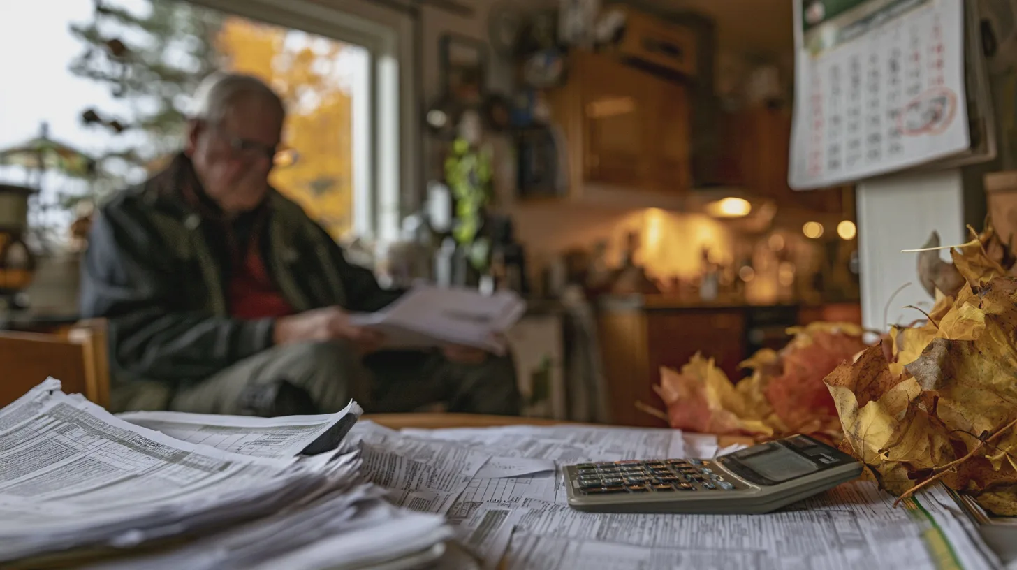 Pension statements and a calculator spread across a wooden desk